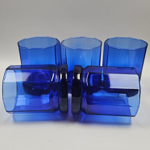 Vintage Anchor Hocking Cobalt Blue Panel Dbl Old Fashioned Glasses 9 oz Tall MCM - Picture 7 of 8